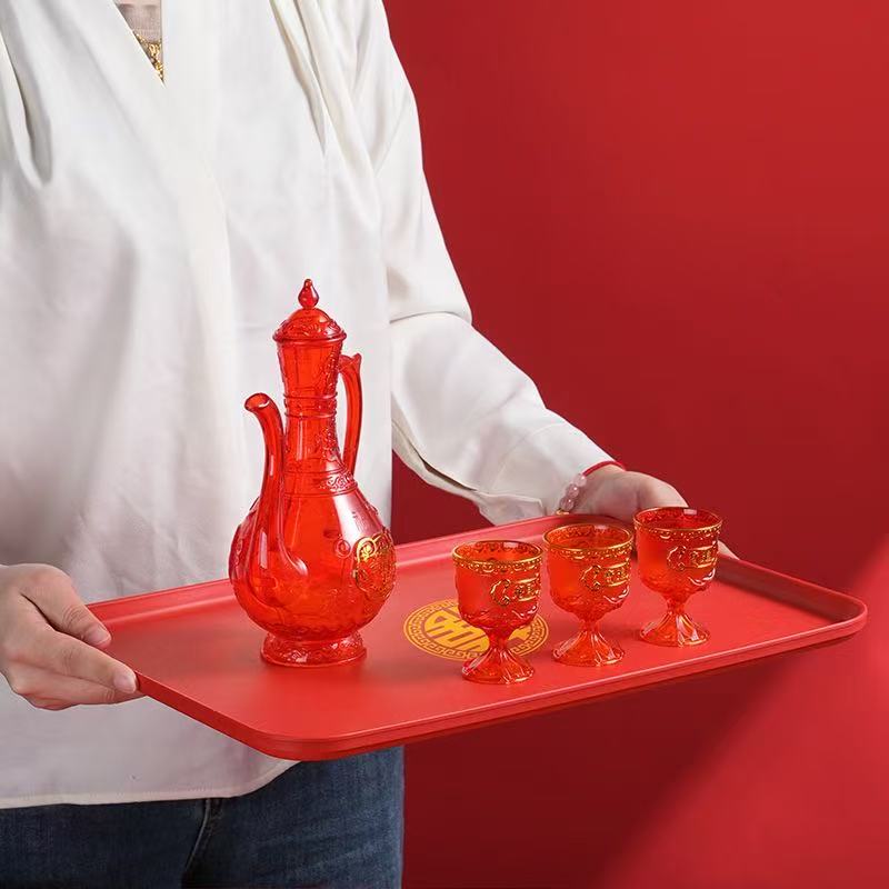新中式喜庆婚庆红色长方形托盘