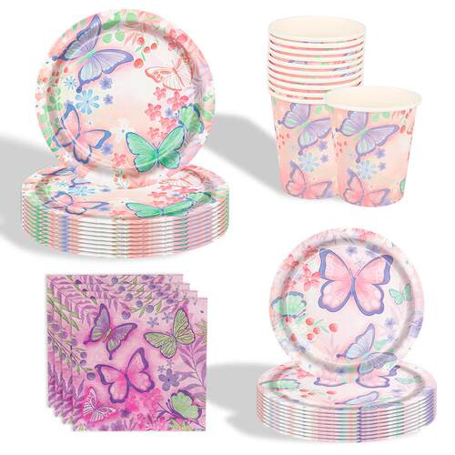 Pink Butterfly Flower Party Supplies粉色蝴蝶花朵生日派对用品