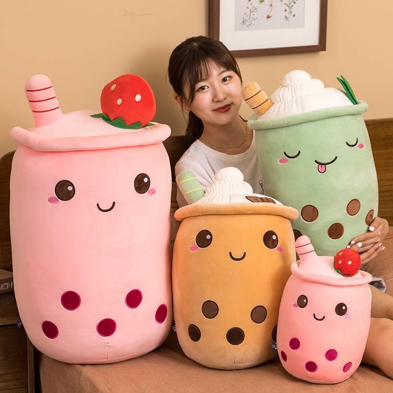 Cute Boba Milk Tea Plushie Toy Soft Stuffed Apple Pink Stra