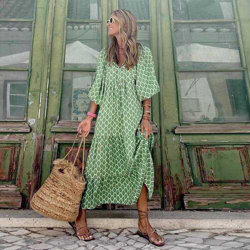 Ankle-length Breathable Lantern Sleeve Printing Long Dress W