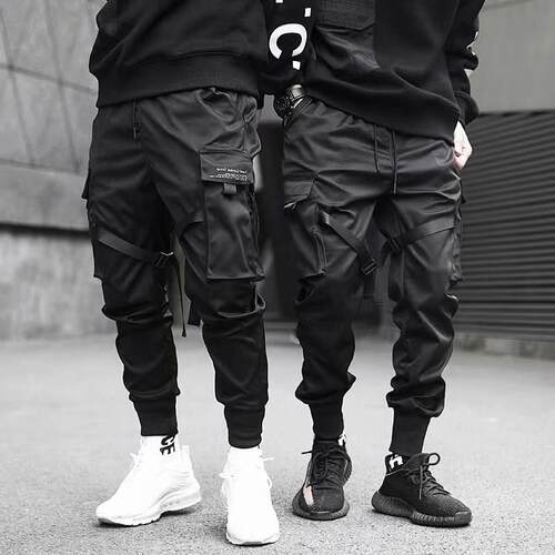 Men Block Black Pocket Cargo Pants Joggers Sweatpant Hip Hop