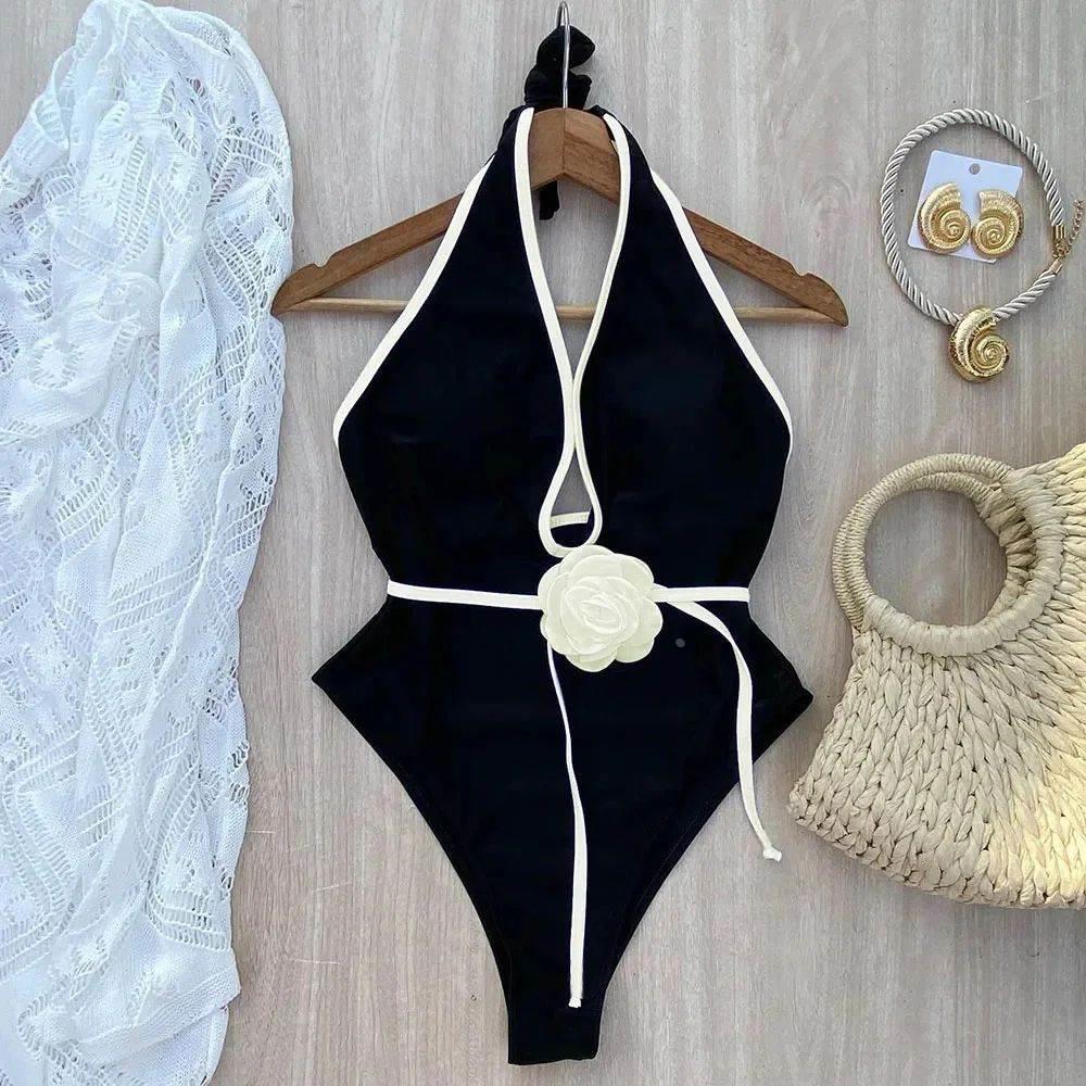 Floral One Piece Swimsuit New Halter Bandage Swimwear Women