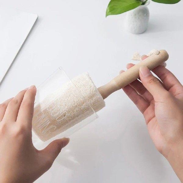Loofah Cup Brushes With Wooden Handle Plant Fiber Easy To