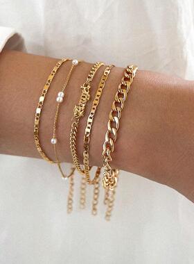 5Pcs Trendy Chain Bracelet Set For Women Angel Letter Gold S
