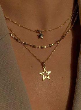 Hollow pendant necklace镂空五角星吊坠项链复古多层锁骨链女