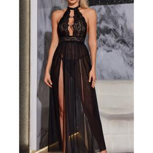 Sexy lingerie, sexy transparent lace backless nightgown