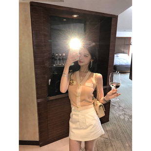 修身 OLIVIA 无袖 小香风针织开衫 小马甲 DUO撞色V领针织背心法式