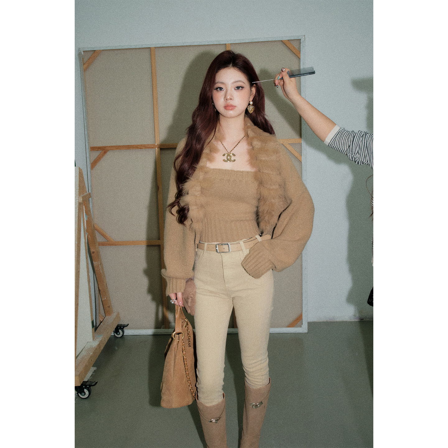 OLIVIA DUO毛毛拼接两件套2025冬季新款气质毛毛开衫抹胸上衣套装