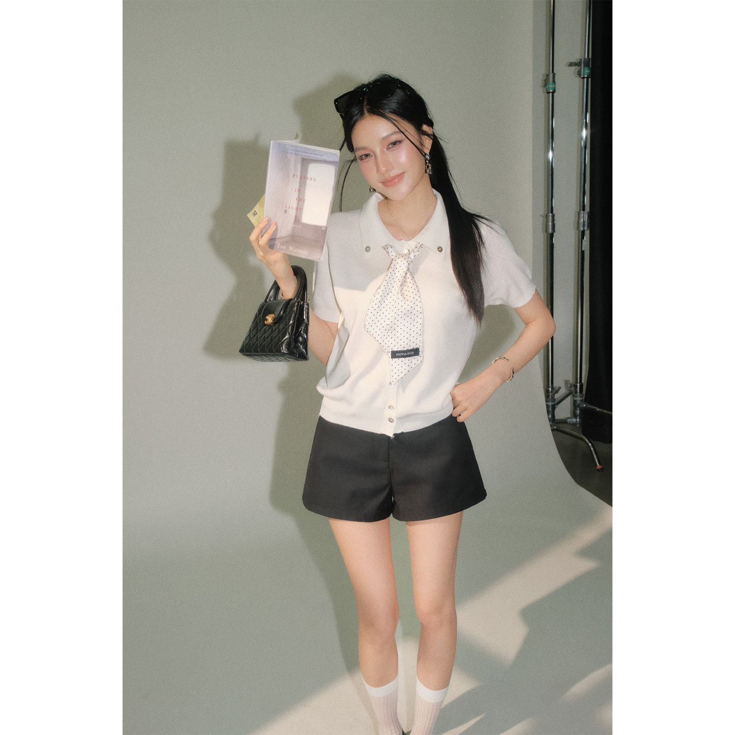 OLIVIA DUO波点丝巾针织短袖2026夏季上新翻领羊毛上衣