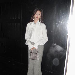 现货 法式 OLIVIA 女白色长袖 高级感新款 DUO系带蝴蝶结衬衫