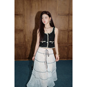 OLIVIA 拼接高腰A字网纱长裙 法式 DUO黑边蕾丝半裙2026春季 新款