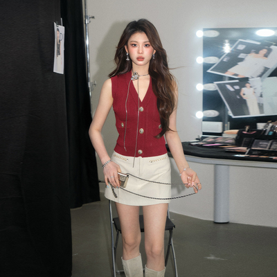 【现货】OLIVIA DUO酒红针织上衣v领金属纽扣夏甜美优雅修身上衣