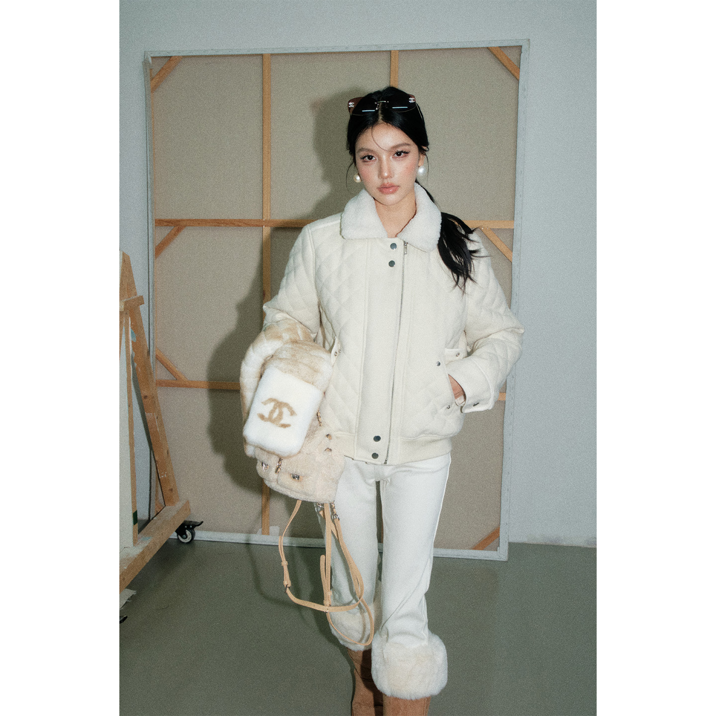 OLIVIA DUO 菱格翻毛领外套2025年冬季新款小个子保暖宽松厚夹克