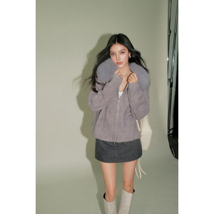 新款 DUO灰色连帽外套2025冬季 OLIVIA 慵懒风毛领针织开衫 现货