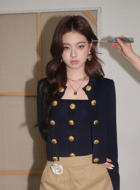 【】OLIVIA DUO小香金扣两件套法式针织开衫背心两件套