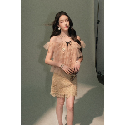 OLIVIA DUO一字肩叠纱上衣2026年夏季上新蝴蝶结网纱露肩吊带