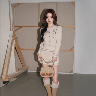 小香风拼色金扣开衫 DUO线条针织套装 OLIVIA 半身裙两件套 现货
