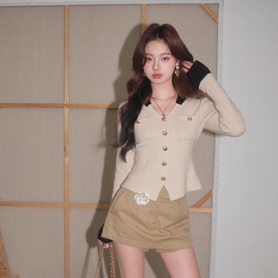 现货 富家千金感修身 OLIVA 法式 显瘦女上衣 DUO千金撞色针织衫