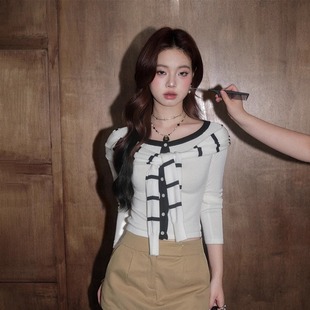 DUO假两件披肩上衣法式 OLIVA 气质高级感条纹绑带女上衣 现货
