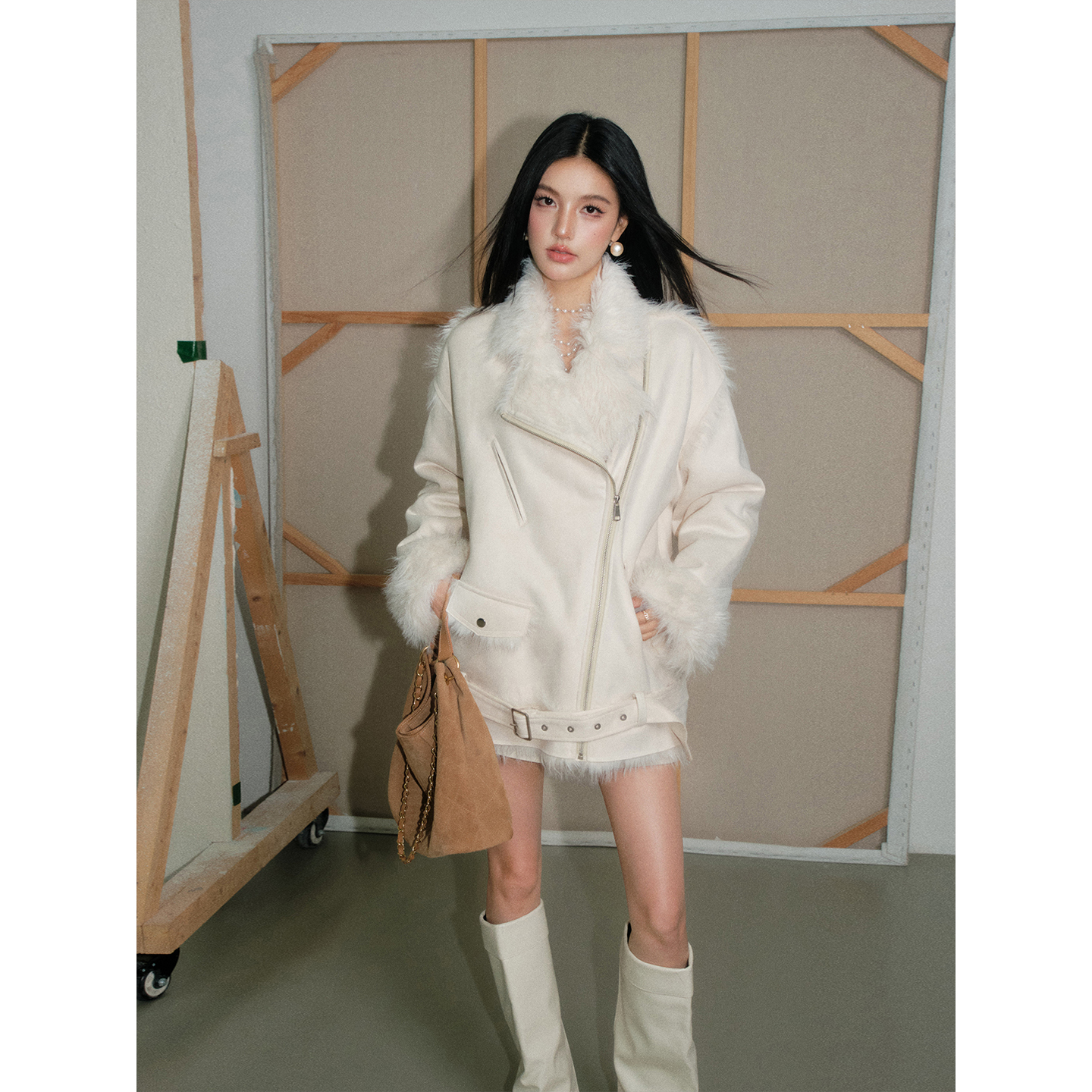 OLIVIA DUO翻领仿皮毛机车外套女秋冬季保暖洋气百搭时尚