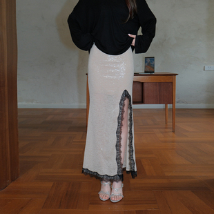 2025新款 夏季 御姐风 DUO珠片蕾丝开衩裙花边亮片半身裙女款 OLIVIA