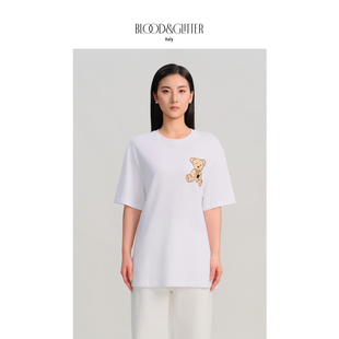 blood&glitter t恤女夏全棉小熊图案印花廓形 璞德格骊白色短袖