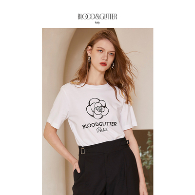 纯棉白色山茶花印花圆领短袖T恤