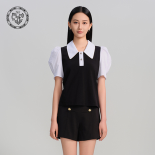 blood&glitter 珠链显瘦POLO领T恤 璞德格骊春夏减龄泡泡袖