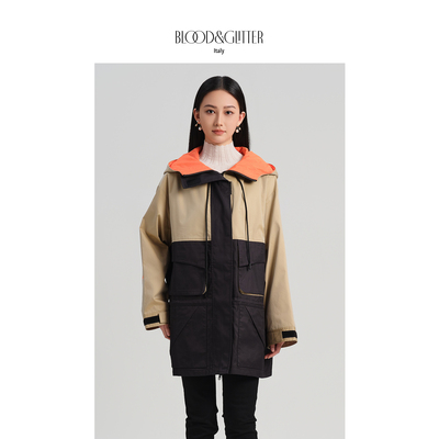 户外风中长款撞色连帽风衣外套