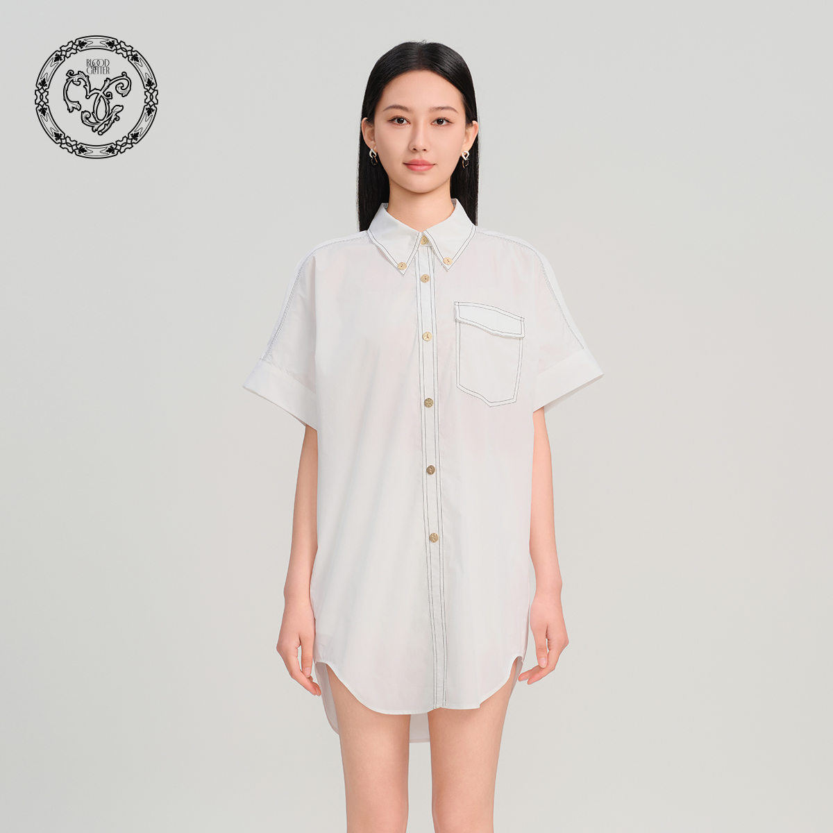 blood&glitter/璞德格骊春夏棉感经典翻领设计长款衬衫