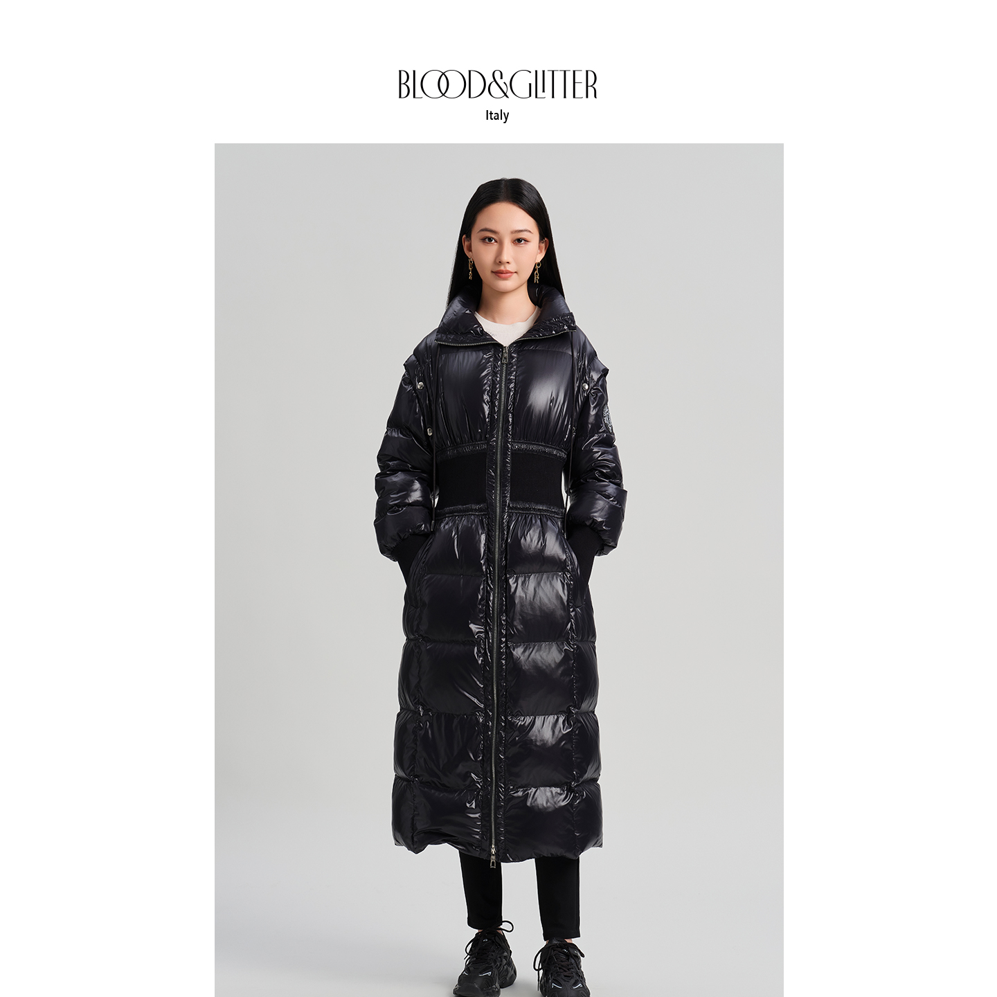 长款过膝收腰亮面立领鹅绒羽绒服