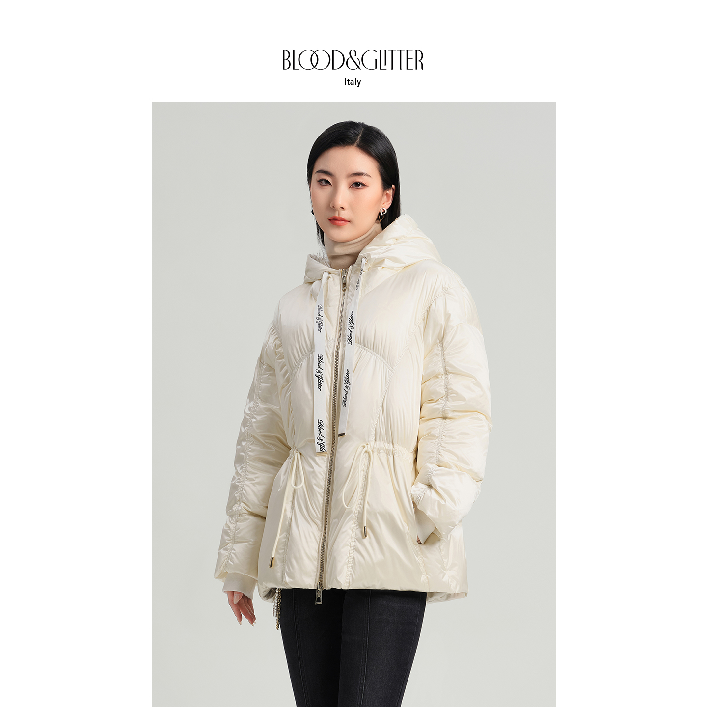 连帽抽绳收腰短款90白鹅绒羽绒服