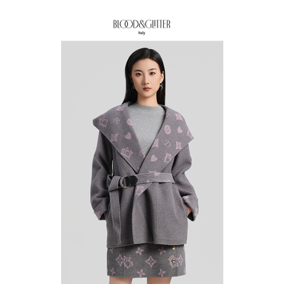 老花连帽双面羊绒短款气质大衣