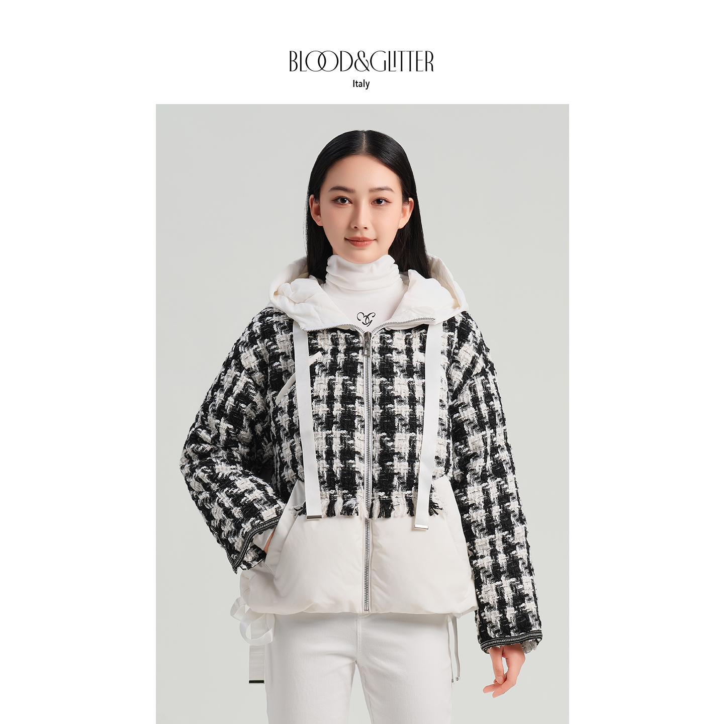 花呢黑白拼接连帽短款90鹅绒服