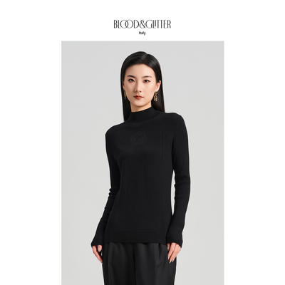 黑色提花修身半高领气质针织衫