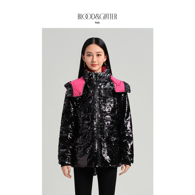 亮片连帽拼色短款90白鹅绒羽绒服