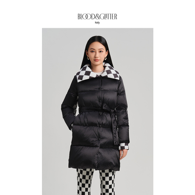 棋盘格大翻领休闲90白鹅绒羽绒服