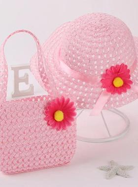 新夏季儿童沙滩帽设置宽边黄色稻草Wi