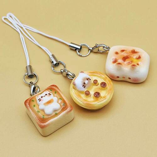 3pcs Set Japanese Style Cute Cat Bread Phone Charms Kitten T