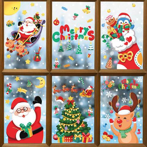 Christmas snow window with Santa Claus moose static sticker