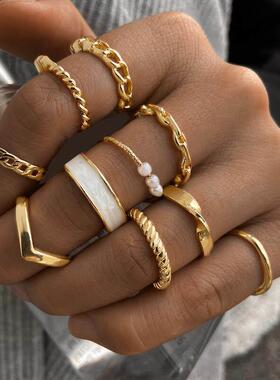 Retro inlaid Pearl White edge ring 10 Piece Set rings women