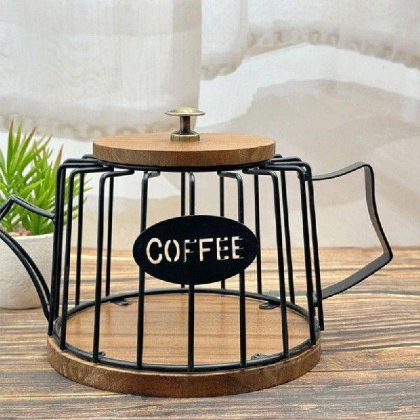 4X7B Coffee Storage Cup Iron Holder Wooden Base Kitchen For