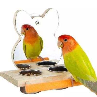 New Hanging Parrots Mirror with Feeder Cups Wood Removable
