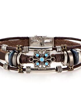 Vintage flower Turquoise mens Leather Bracelet绿松石皮手錬