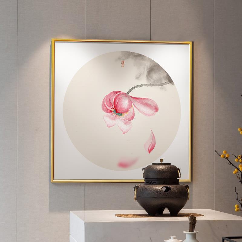 餐厅挂画新中式入户玄关装饰画茶室饭店走廊过道壁画正方形花鸟画图片