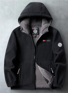 抓绒衣连帽夹克男士秋冬季新款运动户外摇粒绒外套保暖加绒上衣服