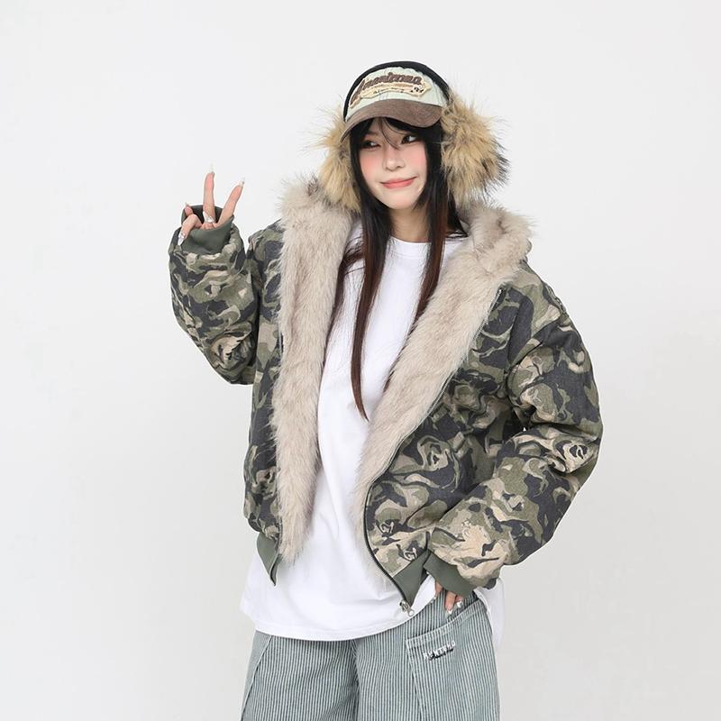 美式水洗迷彩仿狐狸毛领连帽夹克棉服2025冬季加厚座山雕外套男女