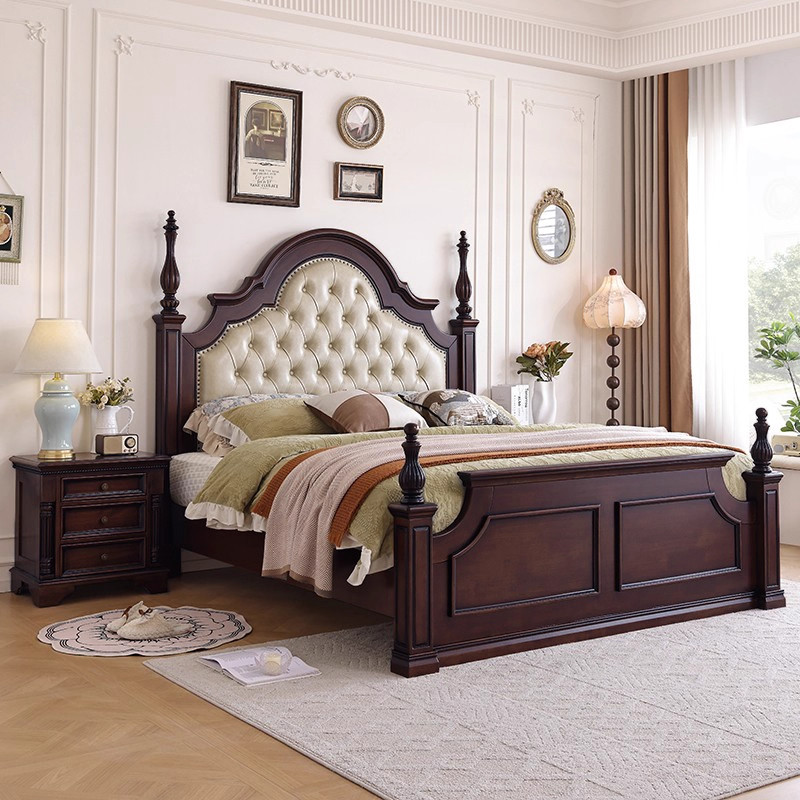 美式复古实木床1米8法式轻奢真皮软包床带罗马柱高端婚床双人床