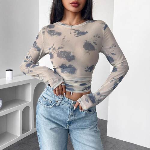 Mesh printed pleated side short top for women