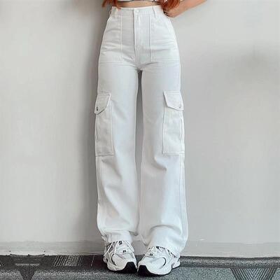 Straight Leg Cargo Pants Women HighWaist Baggy Trousers Lady